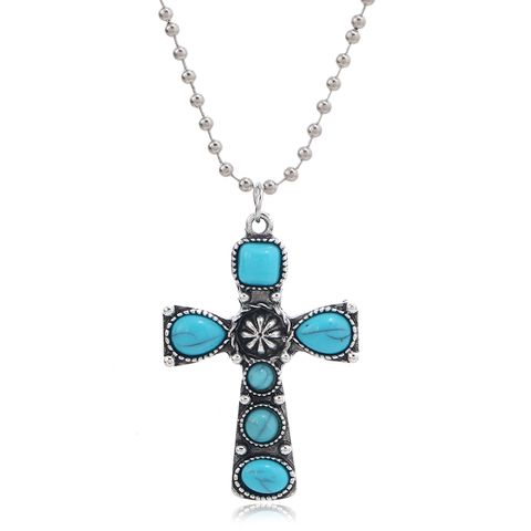 Ethnic Style Cross Alloy Inlay Turquoise Silver Plated Pendant Necklace