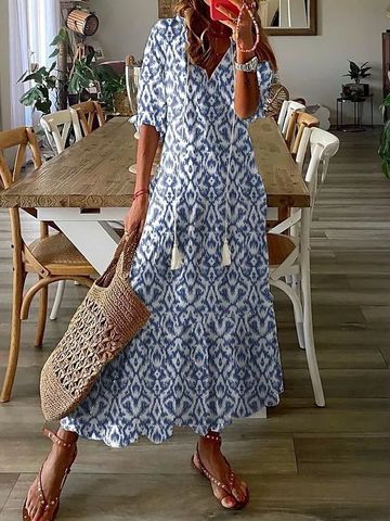 Women's A-line Skirt Simple Style V Neck Printing Tassel 3/4 Length Sleeve Plaid Maxi Long Dress Daily