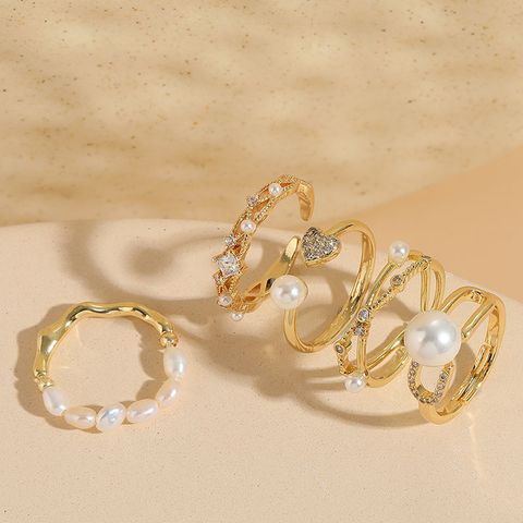 Elegant Luxurious Classic Style Moon Heart Shape Freshwater Pearl Copper 14k Gold Plated Zircon Rings In Bulk