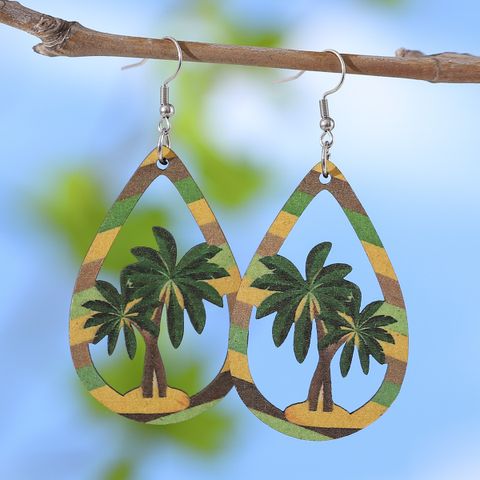 Vacation Coconut Tree Water Droplets Stainless Steel Wood Women's Ear Hook