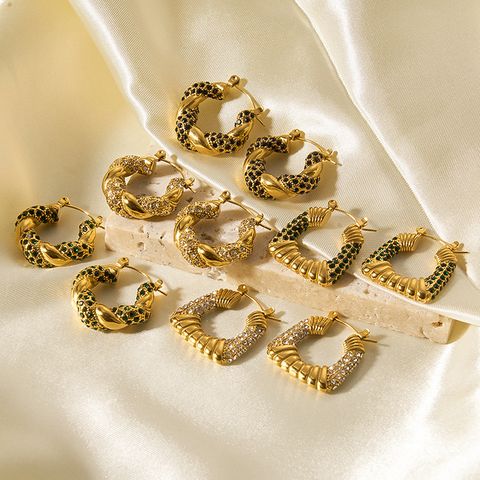 1 Pair Streetwear U Shape Geometric Plating Inlay Stainless Steel Zircon 18K Gold Plated Hoop Earrings