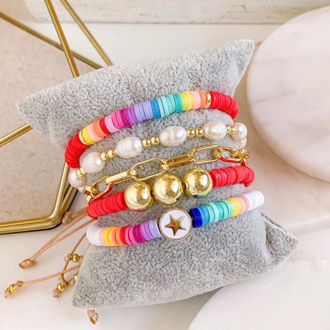 Vacation Colorful Freshwater Pearl Soft Clay Copper Beaded Knitting Plating Women's Bracelets
