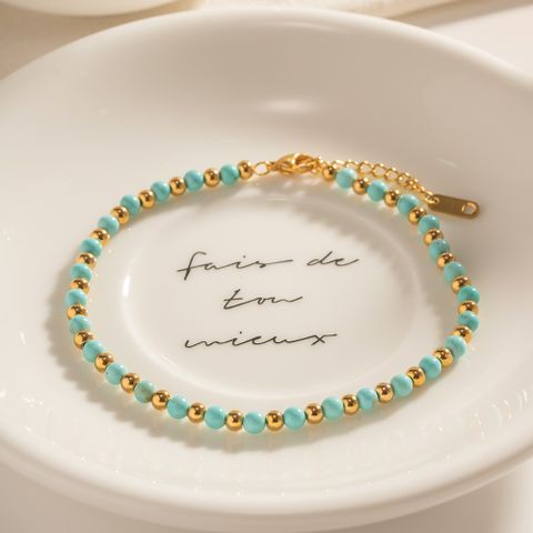 Ins Style Simple Style Round Stainless Steel Turquoise Beaded Plating 18k Gold Plated Women's Anklet