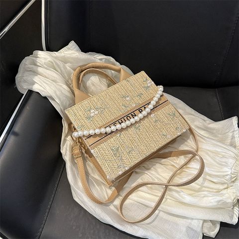 Women's Pu Leather Straw Letter Flower Elegant Vacation Pearls Square Open Shoulder Bag Handbag Crossbody Bag