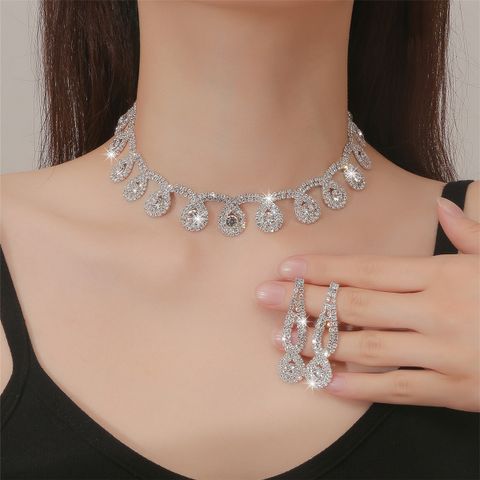 Luxurious Shiny Water Droplets Tassel Artificial Crystal Rhinestones Metal Wholesale Earrings Necklace