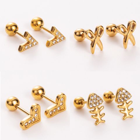 Simple Style Shiny Heart Shape Mushroom Planet Plating Inlay 304 Stainless Steel Artificial Diamond 14K Gold Plated Ear Studs