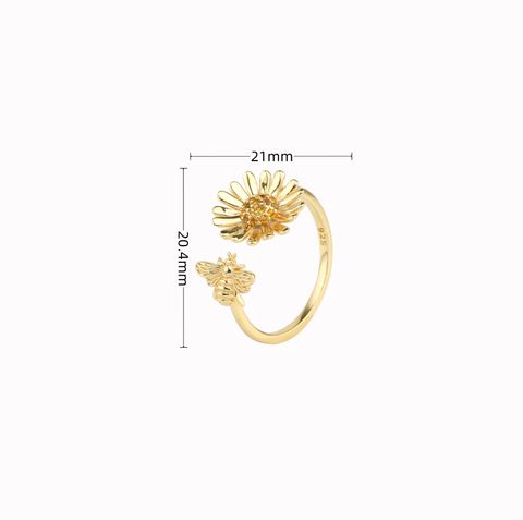Wholesale Pastoral Artistic Sunflower Bee Sterling Silver White Gold Plated Gold Plated Zircon Open Ring