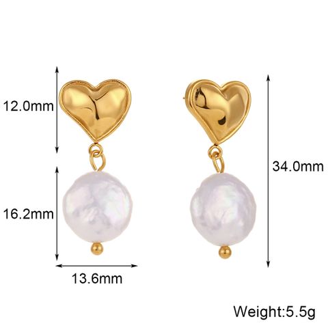 1 Pair French Style Heart Shape Plating Stainless Steel Freshwater Pearl 18k Gold Plated Drop Earrings