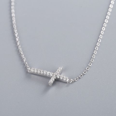 Wholesale Simple Style Cross Sterling Silver Zircon Necklace