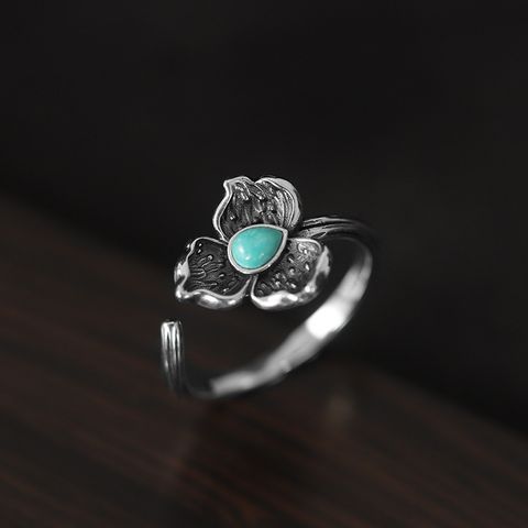 Wholesale Retro Ginkgo Leaf Sterling Silver Turquoise Open Ring