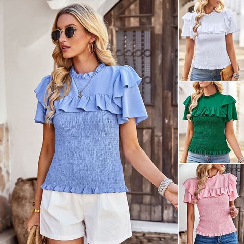 Women's Blouse Short Sleeve Blouses Ruffles Simple Style Solid Color