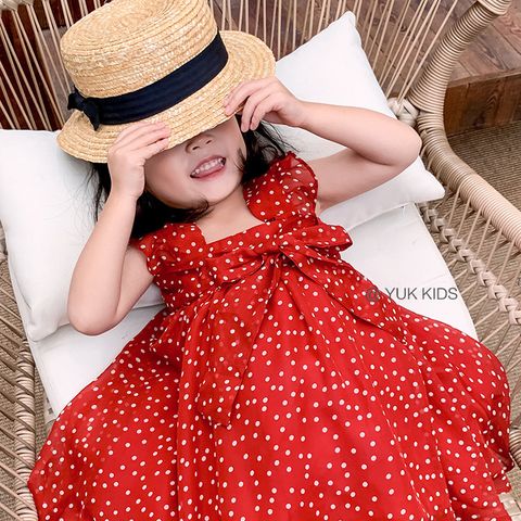 Princess Cute Vacation Polka Dots Ruched Chiffon Girls Dresses