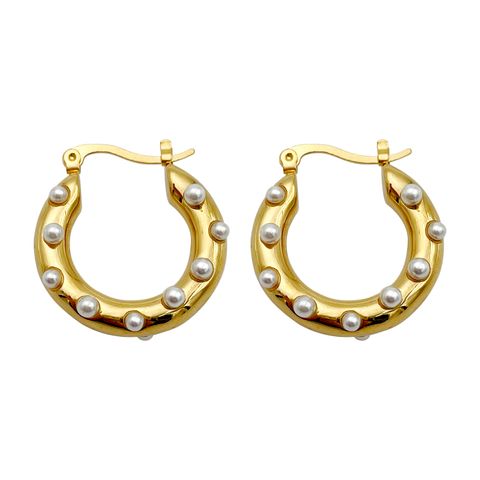 1 Pair Elegant U Shape Polishing Plating Inlay 304 Stainless Steel Pearl 14K Gold Plated Hoop Earrings