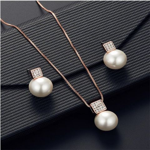 Elegant Luxurious Lady Geometric Zircon Artificial Pearl Alloy Wholesale Earrings Necklace