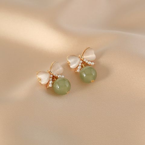1 Pair Chinoiserie Simple Style Bow Knot Opal Inlay Artificial Pearls Opal Earrings