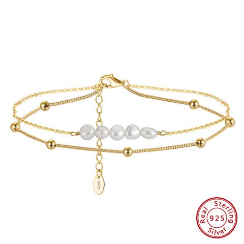 Wholesale Jewelry Simple Style Geometric Freshwater Pearl Sterling Silver 14k Gold Plated Anklet