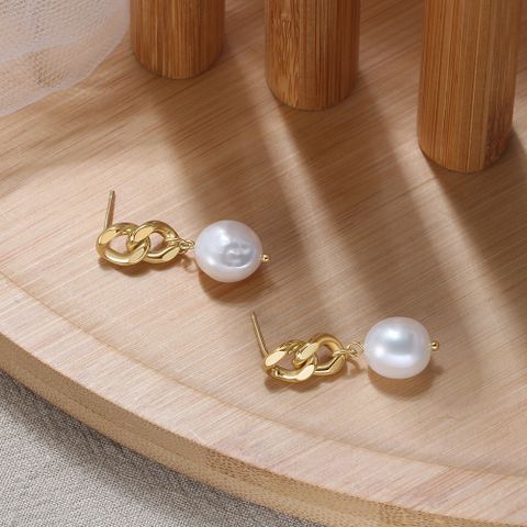 1 Pair Simple Style Geometric Sterling Silver Plating Inlay Freshwater Pearl Drop Earrings