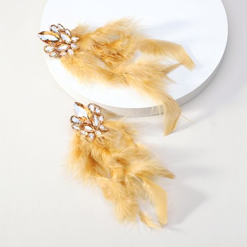 Glam Exaggerated Bridal Geometric Artificial Feather Copper Alloy Handmade Tassel Inlay Rhinestones Women's Dangling Earrings