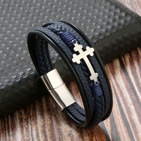 Hip-Hop Cross Stainless Steel Pu Leather Patchwork Men'S Bangle