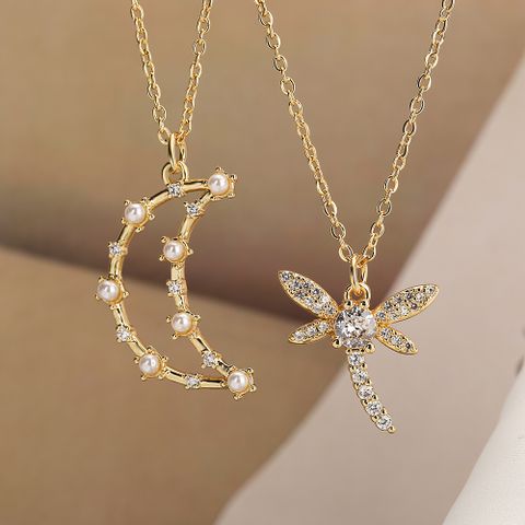 Simple Style Commute Moon Dragonfly Copper 18k Gold Plated Artificial Pearls Zircon Pendant Necklace In Bulk