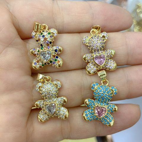 Simple Style Bear Copper Inlay Turquoise Zircon Pendants Jewelry Accessories