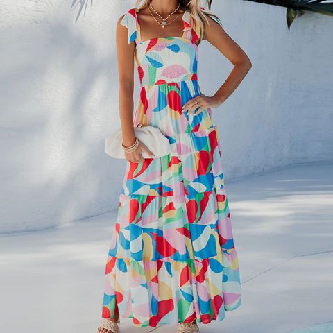 Women's Regular Dress Simple Style Collarless Printing Ruffles Sleeveless Ditsy Floral Maxi Long Dress Daily
