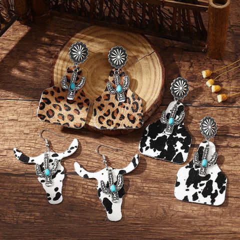 Casual Vacation Cactus Horns Leopard Alloy Wood Slice Inlay Artificial Gemstones Women's Ear Hook