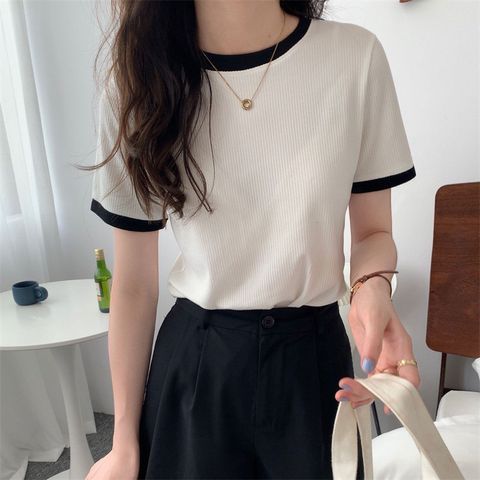 Women's T-shirt Short Sleeve T-shirts Contrast Collar Classic Style Color Block
