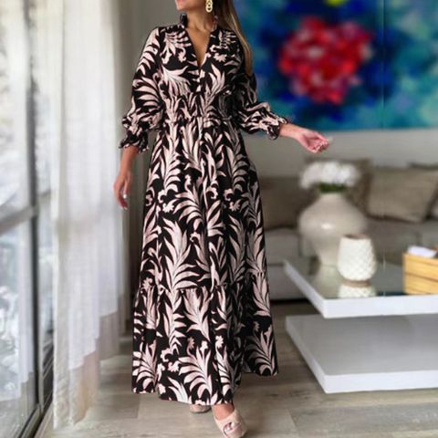 Women's A-line Skirt Classic Style V Neck Long Sleeve Plant Maxi Long Dress Daily