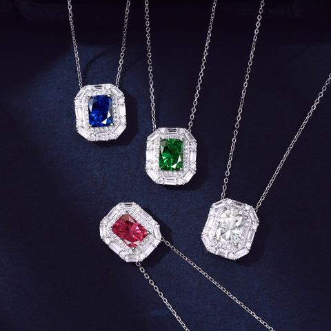 Luxurious Square Sterling Silver Plating Inlay Zircon Pendant Necklace