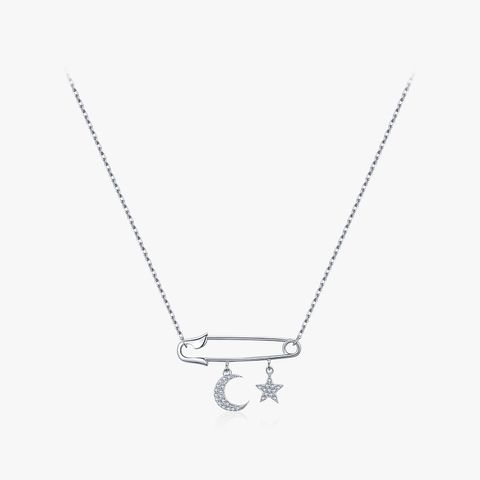 Casual Simple Style Paper Clip Star Moon Sterling Silver Plating Inlay Zircon Rhodium Plated Necklace