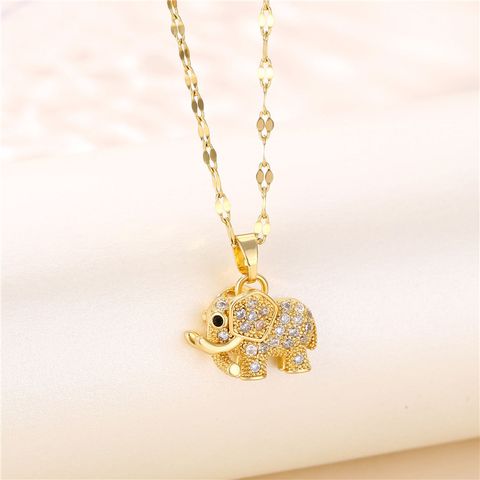 Stainless Steel 18K Gold Plated Casual Plating Inlay Elephant Opal Zircon Pendant Necklace