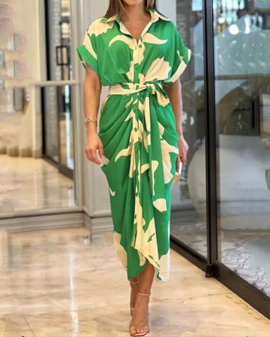 Women's Irregular Skirt Elegant Shirt Collar Printing Belt Short Sleeve Flower Maxi Long Dress Street