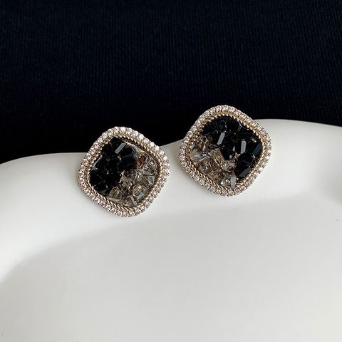 Simple Style Square Metal Inlay Crystal Women's Ear Studs