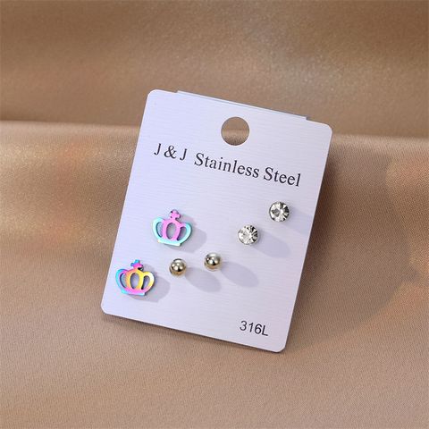 1 Set Simple Style Crown Stainless Steel Inlay Zircon Ear Studs