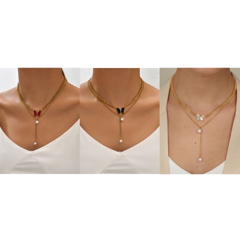 201 Stainless Steel 18K Gold Plated Romantic Sweet Plating Inlay Butterfly Artificial Pearls Shell Zircon Layered Necklaces
