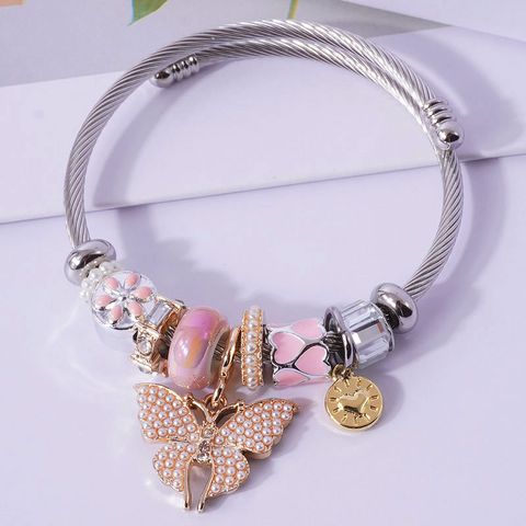 Cute Sweet Heart Shape Bow Knot Alloy Steel Wire Plating Inlay Artificial Pearls Women's Bangle