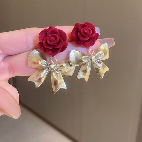Elegant Heart Shape Bow Knot Alloy Flowers Inlaid Pearls Women's Drop Earrings