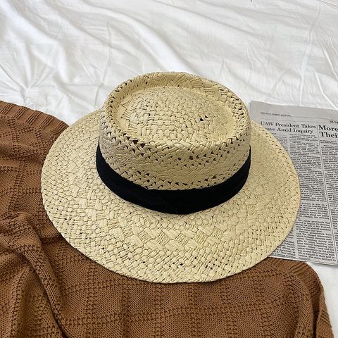 Women's Retro Pastoral British Style Solid Color Straps Wide Eaves Straw Hat