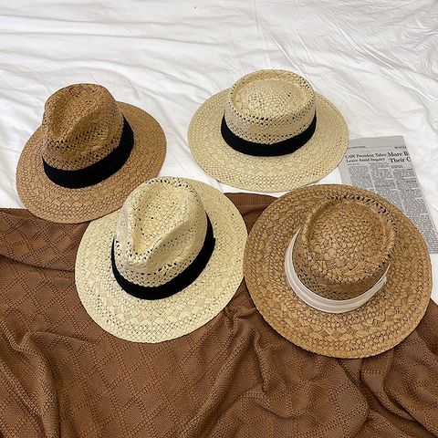Women's Retro Pastoral British Style Solid Color Straps Wide Eaves Straw Hat