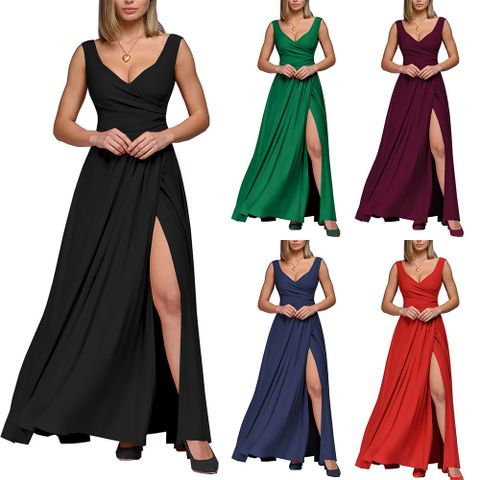 Women's Slit Dress Elegant Sexy V Neck Slit Patchwork Washed Sleeveless Solid Color Maxi Long Dress Banquet