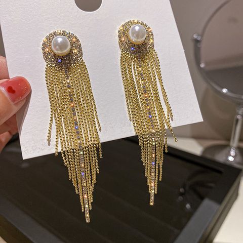 Shiny Tassel Alloy Inlay Rhinestones Pearl Women's Drop Earrings