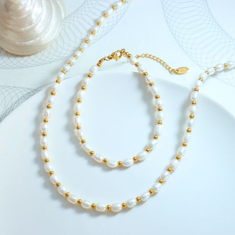 Elegant Geometric Stainless Steel Freshwater Pearl Beaded 18k Gold Plated Women's Bracelets Necklace