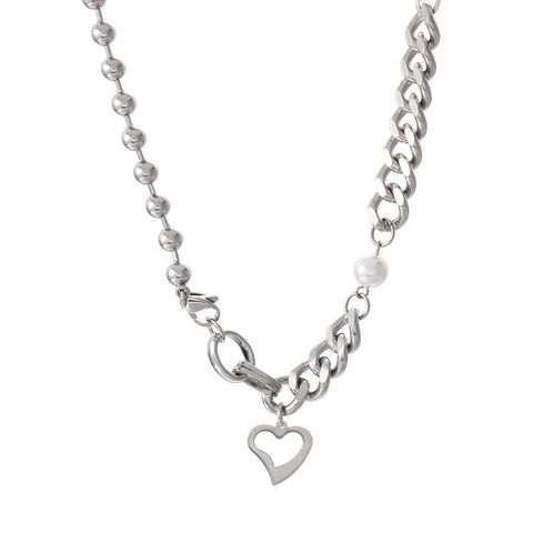 Stainless Steel 18K Gold Plated Cool Style Inlay Heart Shape Artificial Pearls Necklace