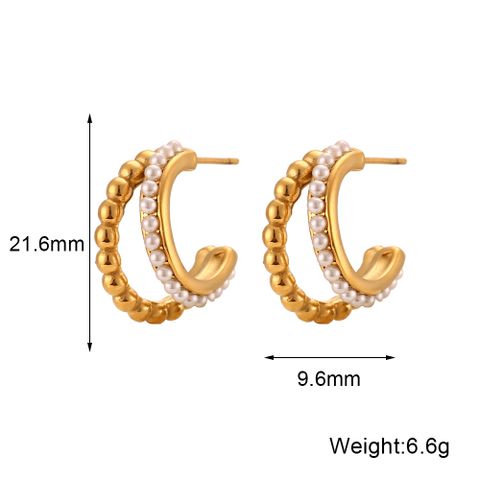 1 Pair Modern Style C Shape Plating Inlay Stainless Steel Artificial Pearls 18k Gold Plated Ear Studs