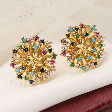 1 Paire Rétro Commuer Forme De Cœur Fleur Le Cuivre Placage Incruster Zircon Plaqué Or 18k Boucles D'oreilles