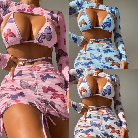 Butterfly Print Split Bikini Three-piece Suit 4 Pcs Set