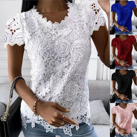 Women's Blouse Short Sleeve T-shirts Patchwork Lace Casual Solid Color