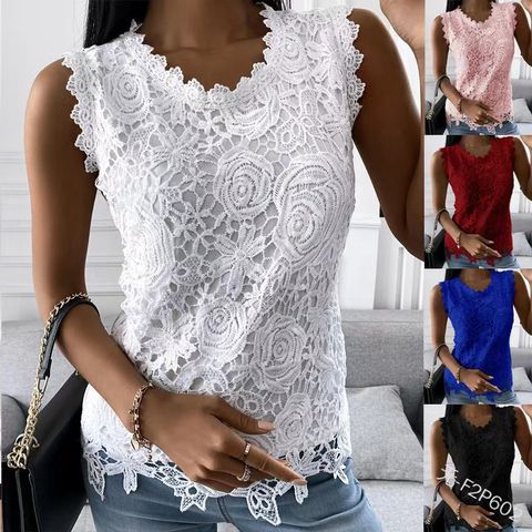 Women's Blouse Sleeveless T-shirts Patchwork Lace Casual Flower