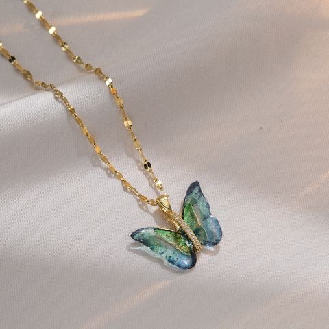Titanium Steel Simple Style Patchwork Butterfly Pendant Necklace